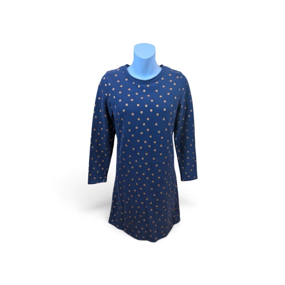 Boden Navy Blue Copper Foil Polka Dot Long Sleeve Cotton Shift Dress Mini